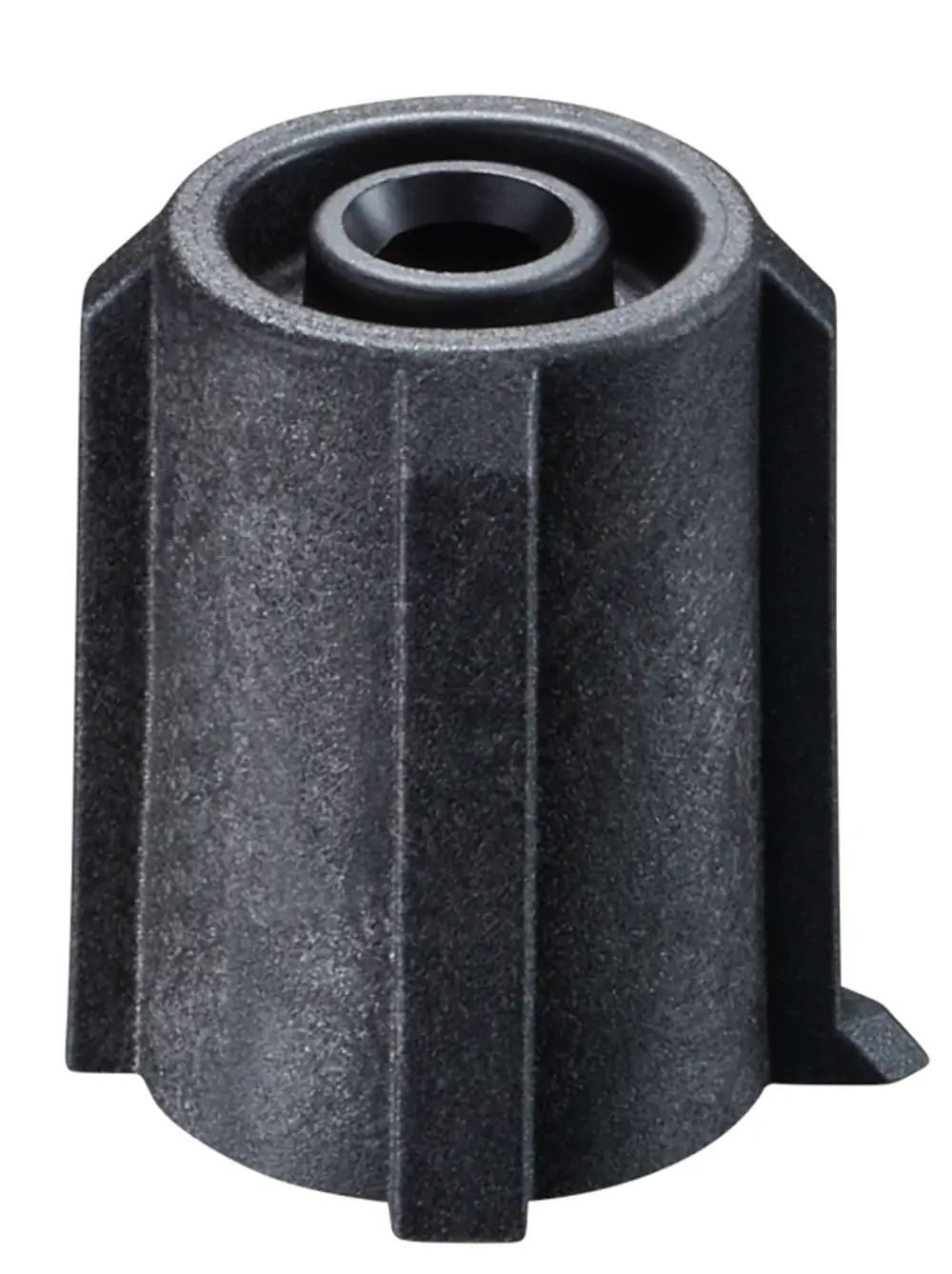 Grauer Adapter von Oventrop, gestaltet für Stellmotoren, mit einer zylindrischen Form und einem zentralen Loch an der Oberseite. Detailansicht ohne weitere Beschriftungen oder Maße.